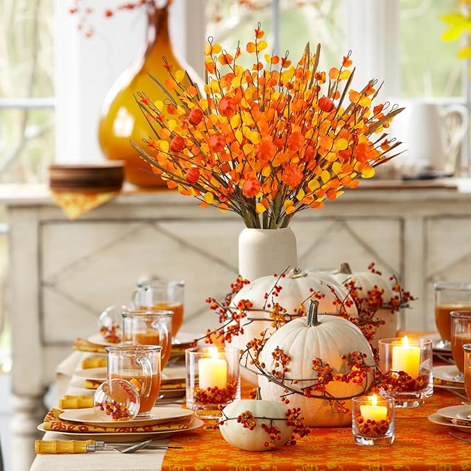 Krissing 6 Pcs Fall Floral Stems,17.3”Fall Berry Stems with Pumpkins Autumn Berry Floral Picks Branches for Vase Autumn Arrangement Centerpieces Harvest Thanksgiving Home Fall Decor