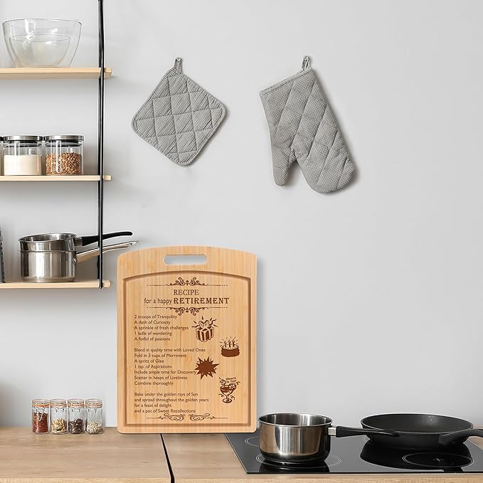 Joeyan Happy Retirement Cutting Board Gifts for Women Men Parents Friends Colleagues in Gift Box with Double Sides Grooves, Large Practical Sturdy Kitchen Chopping Present