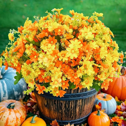 Uieke 12 Bundles Artificial Flowers for Outdoors UV Resistant Fake Daisy Mums Flowers Bulk No Fade Greenery Shrubs for Outside Home Wedding Window Box Garden Porch Fall Décor (Orange Yellow)
