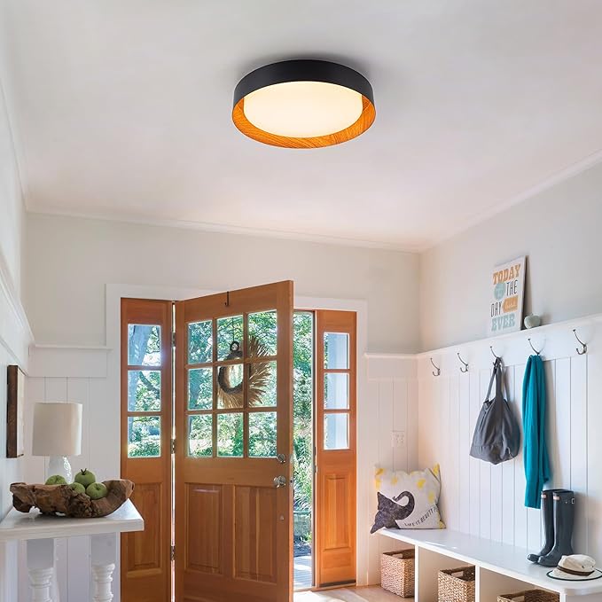 12 Inch LED Flush Mount Ceiling Light with Remote, 18W Flush Mount Light Fixture in Balck and Wood Finish, Dimmable Ceiling Light for Bedroom, Hallway, Entryway, Bathroom, Kitchen