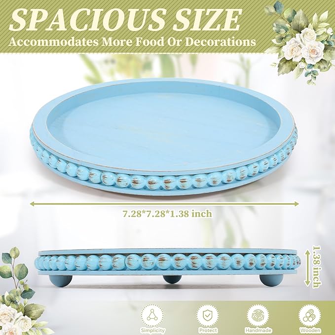 HPC Decor 12in Round Blue Wood Beaded Tray - Decorative Living Room, Coffee Table, Kitchen Table, Dining Room or Farmhouse Serving Tray
