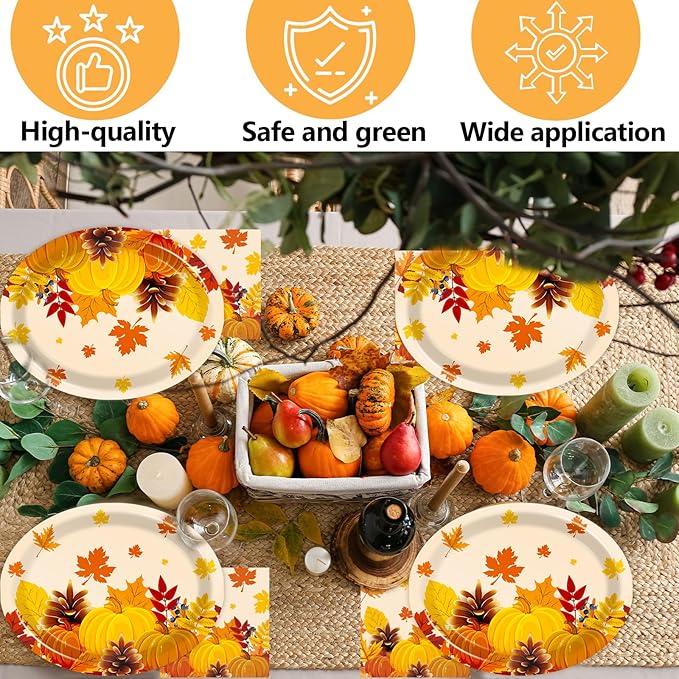 Fall Party Oval Paper Plates 11inch Large Thanksgiving Maple Leaves Plates and Napkins, Gold Foil Fall Party Decoration Favor Dish Tray for Autumn Holiday Gathering Supplies Tableware, 25 Guest