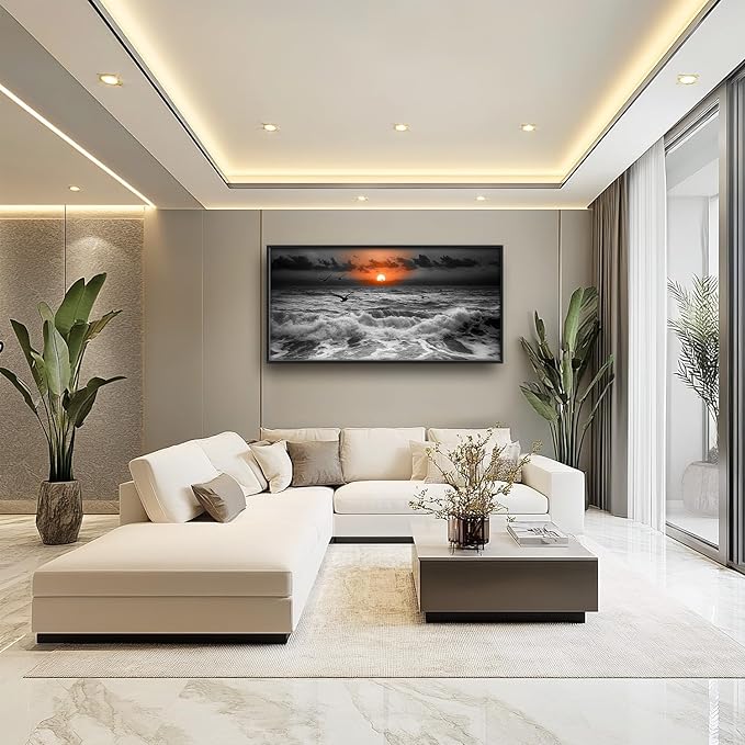 Flintis Large Ocean Sunset Framed Wall Art Beach Seagull Pictures Wall Decor Abstract Natural Landscape Canvas Painting Print Artworks Framed for Living Room Bathroom Master Bedroom 60L X 30W