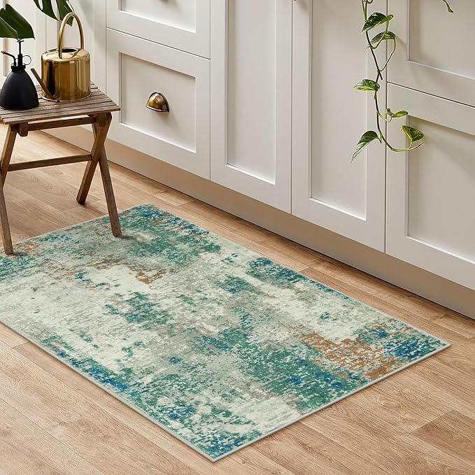 Lahome Modern Abstract Area Rug - 2x3 Small Entryway Rug Washable Rugs for Kitchen Non-Slip Soft Front Indoor Doormat Low Pile, Accent Throw Carpet for Bathroom Laundry Floor Mats,Green/Grey
