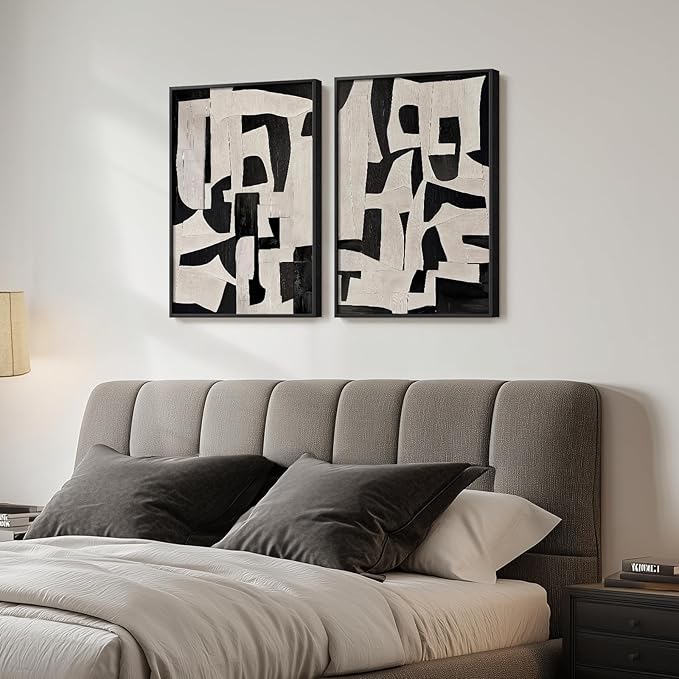 Framed Black and Beige Abstract Wall Art, 2 Piece Canvas Prints Paintings Artwork for Walls, Modern Minimalist Abstract Pictures for Living Room Hallway Bedroom Office Bathroom Wall Decor 16x24 In