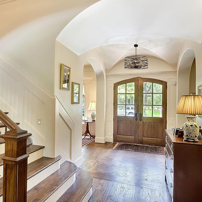 23.6'' Rustic Large Drum Chandeliers for Dining Room, 6-Light Modern Farmhouse Lighting for Kitchen Island, Retro Round Entryway Light Fixture, Black with Retro Wood Texture Interior