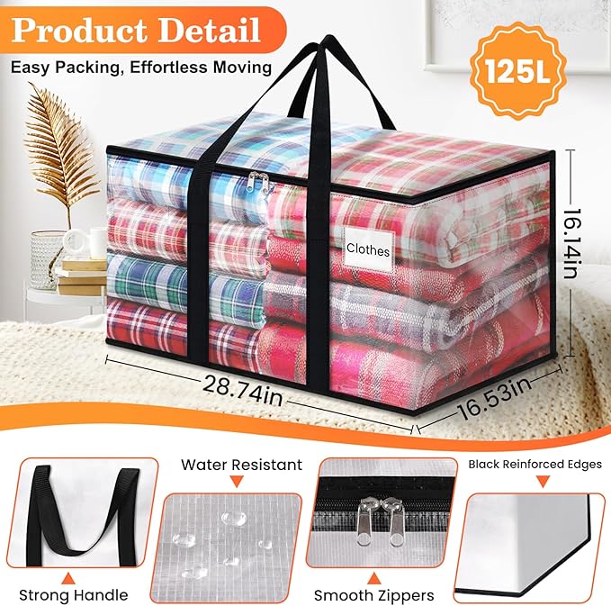Extra Large Heavy Duty Moving Bags, Storage Bags with Strong Zippers & Handles, Packing Bags for Moving Essentials, Ideal Storage Tote for Home, Dorm & Storage Solutions, 125L 4 Packs Clear