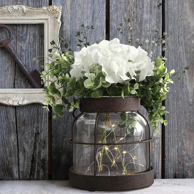 Farmhouse Glass Lantern Vase Vintage Flower Vases with Plants Hydrangea Lights Rustic Floral Arrangement Centerpieces Home Decor Hostess Housewarming Gift