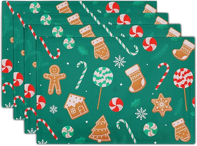 Gingerbread Placemats 12×18 Inches Set of 4 Holiday Green Indoor Kitchen Dining Table Place Mats for Home Party Decoration