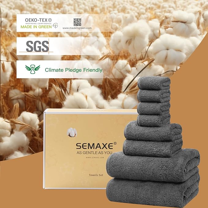 SEMAXE Bathroom Towel Set, 8-Piece Gray Cotton Towels with Loops – 2 Bath, 2 Hand, 4 Washcloths, Soft, Absorbent & Durable