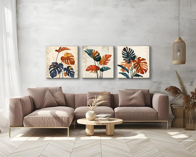 NAN Wind 3Pcs Modern Mid-century Abstract Tropical Monstera Leaf Canvas Art Orange and Blue Botanical Wall Print Minimalist Wall Decor Tropical Leaves Framed Wall Art for Contemporary Home Decor
