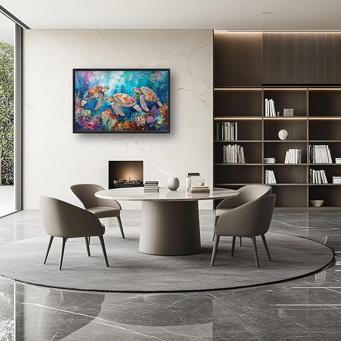 Sea Turtle Large Framed Wall Art Coastal Ocean Nautical Pictures Oversized Colorful Undersea Wall Decor Coral Reef Canvas Print Painting Aesthetic Modern Artwork for Living Room Bedroom Office Bathroom Home Decor 36L"x24W"