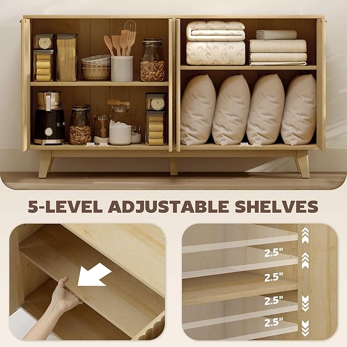 HOMCOM Fluted Sideboard Buffet Cabinet, 55" Modern Accent Console Cabinet with 4 Doors, 2 Adjustable Shelves and 5 Wood Legs, Oak