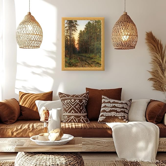 Brivoria Framed Canvas Wall Art Vintage Decor, Majestic Autumn Forest Landscape with Pine Trees, Sunset Shadows and Golden Reflections for Living Room Bedroom Fireplace or Gallery Display, 16"x20"