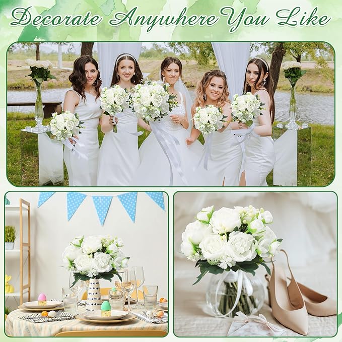 Geosar 2 Bundles Artificial Peonies Flowers Fake Silk Peony Bouquet Faux Peonies Flowers Bulk for Decoration Vase Florals Arrangements Wedding Party Table (White)
