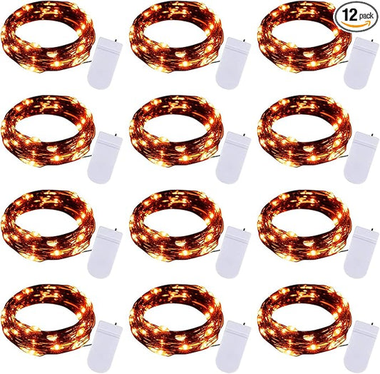 Halloween Orange Fairy String Lights: 12 Pack 7 Ft 20 LED Battery Operated Firefly Lights on Black Wire Starry Moon Lights for DIY Party Bedroom Patio