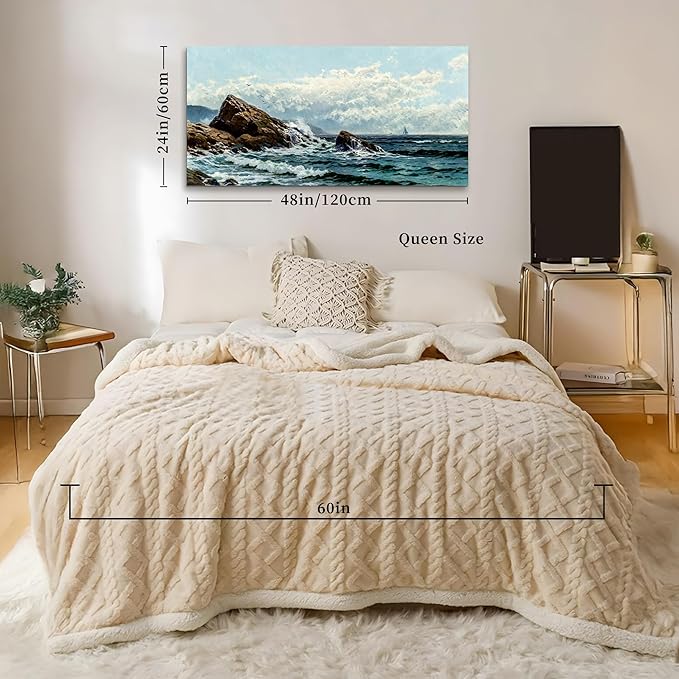 crmotu Large Canvas Wall Art, Coastal Landscape Painting Art Prints, Ocean Rock Wave Vintage Wall Decor, Blue Natural Scenery Wall Pictures for Living Room Bedroom Bathroom, Modern Home Decor 24"X48"