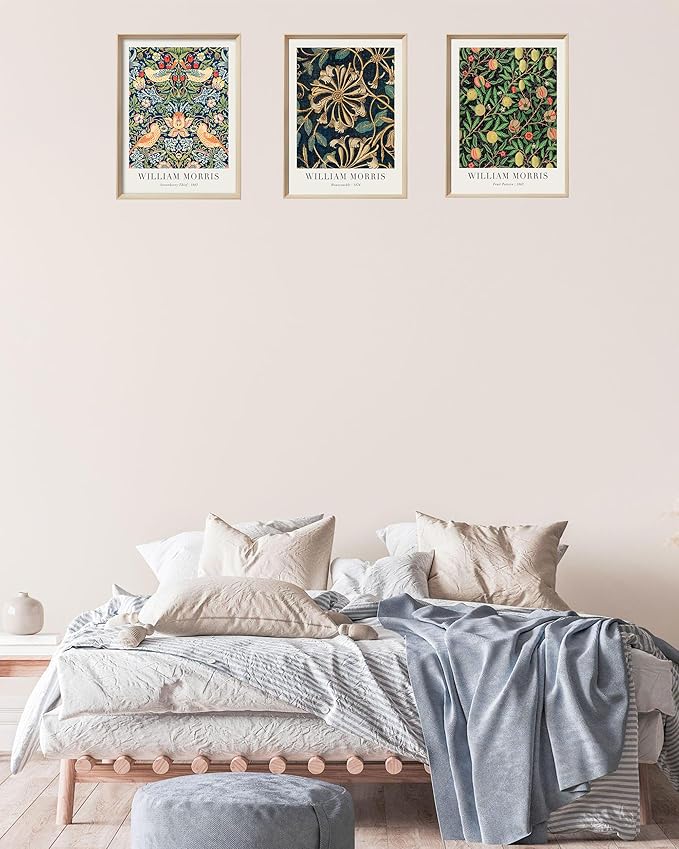 UPWOIGH 12x16 in Framed Wall Art, William Morris Gold Strawberry Thief Canvas, Vintage Botanical Birds Cotton Prints Poster, Wood Wall Decor for Living Room Bedroom, Gift