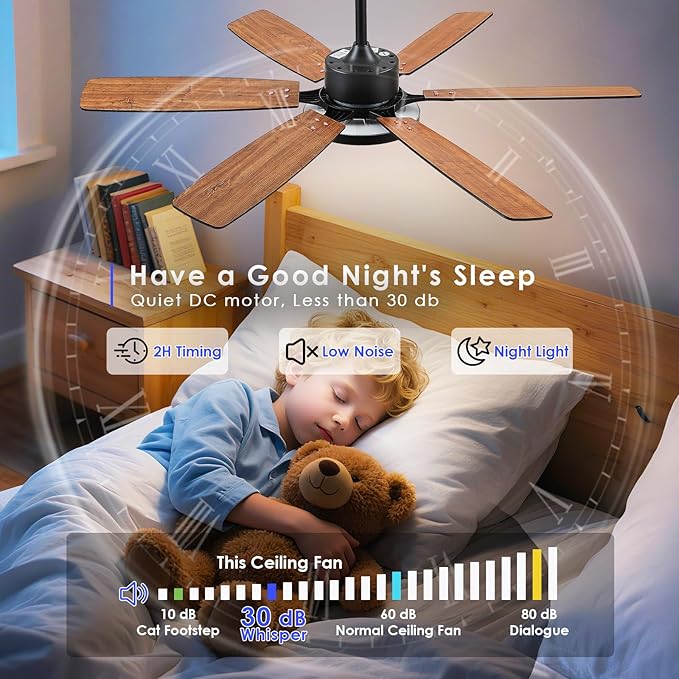 Ceiling Fan with Light,52“ Ceiling Fans with Light and Remote/APP for Bedroom with DC Motor, 6-Blade,3CCT,Surper Bright Dimmable LED Flush Mount Ceiling Fan for Kitchen Patio Use,Indoor/Outdoor Black