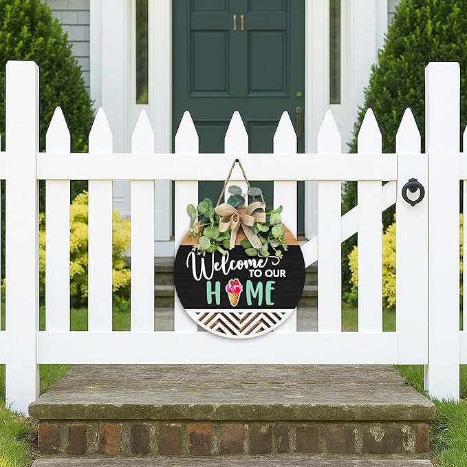 GOSSBY Interchangeable Welcome Sign for Front Door - WELCOME TO OUR HOME - Seasonal Rustic Wood Wreath - Hanging Wall Sign Decoration for Outside, Porch, Farmhouse - New Home, Housewarming Gift