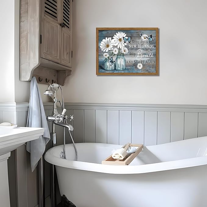 Wood Framed Daisy Butterfly Wall Art, Blue Rustic Farmhouse Canvas Wall Decor Paintings, Inspirational Flower Still Life Posters Prints Pictures for Kitchen Bathroom Home Decor 16x24 Inch