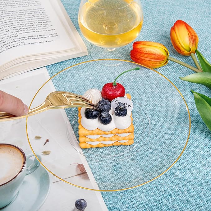 Nervure 100Pieces Clear and Gold Rim Plastic Plates - 7.5inch Disposabl Salad Dessert Plate - Clear and Gold Party Plates Ideal for Wedding & Party & Thanksgiving