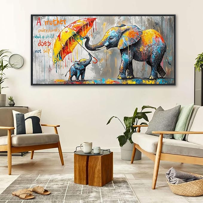 QZQCBLC Large Canvas Wall Art, Mother and Baby Elephant Street Art Abstract Graffiti Inspirational Pictures Modern Grey Painting Framed for Living room Bedroom kitchen Home Office Decor 29x58 IN
