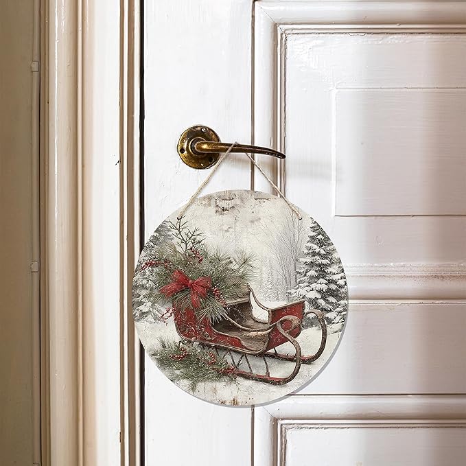 CGBHW Christmas Winter Sleigh Wooden Sign, Vintage Farmhouse Country Cozy Winter Xmas Hanging Sign Wall Decor for Home Bedroom Living Room, Holiday Snowy Door Decor 12 x 6 Inch