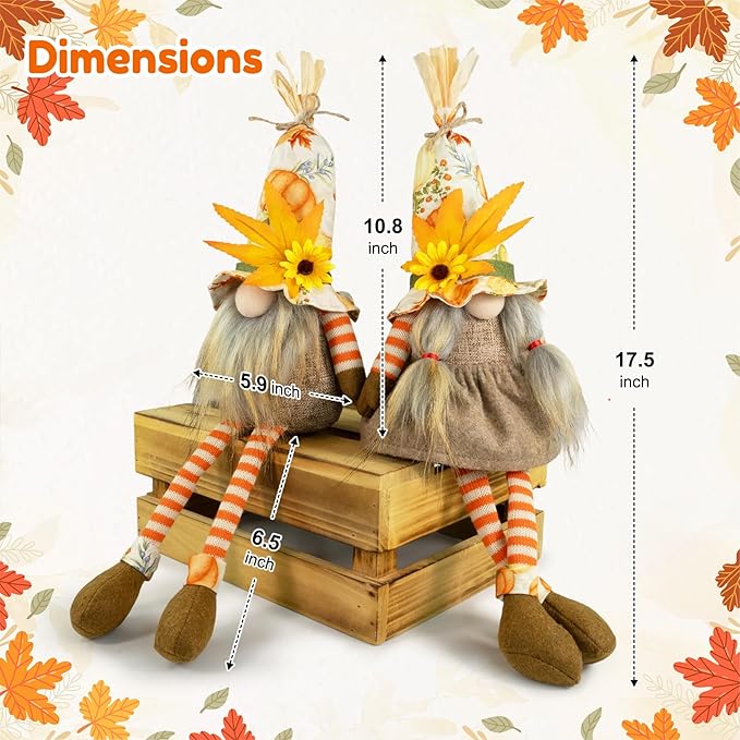 Thanksgiving Decorations – 2PCS Fall Gnomes Plush Shelf Sitters with Dangling Legs, Harvest Gnome Couple for Table Decor, Tiered Tray, Farmhouse Gnomes Gifts for Women