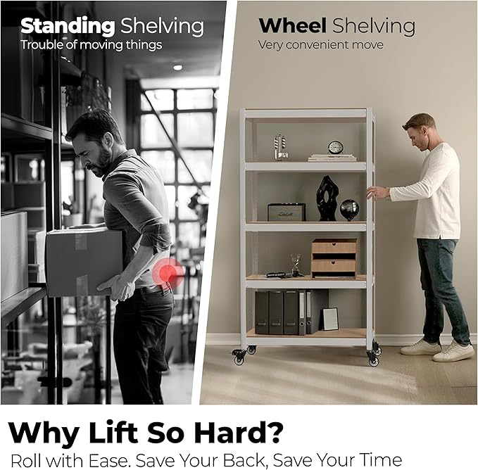 HOMEDANT House White 5-Tier Metal Boltless Rolling Cart Shelf Rack Casters Heavy Duty Wheel Shelving Unit Adjustable Storage Shelves Organizer Shelf Kitchen Garage 48.1" W x 18.5" D x 75.4" H 1Pack