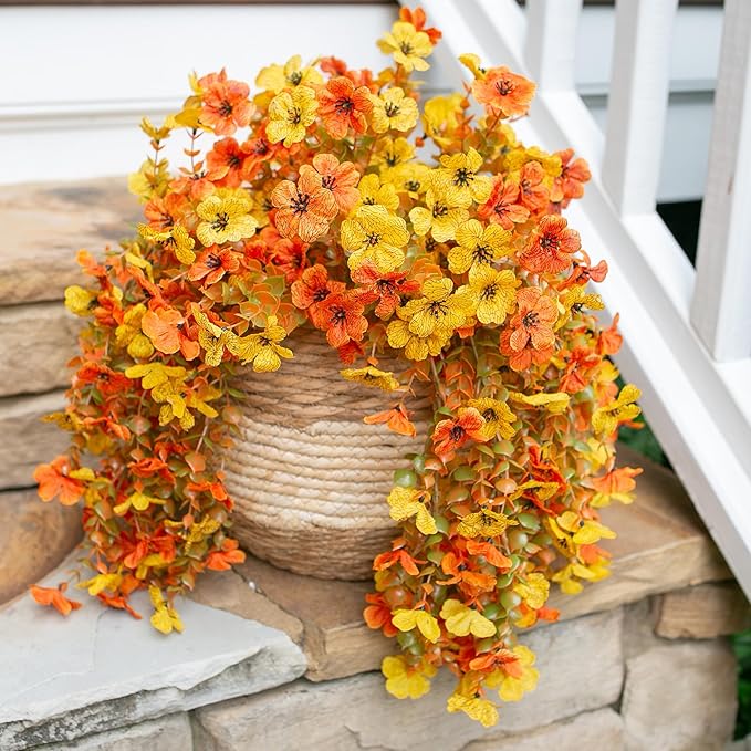 Artificial Flowers for Fall Outdoors Decoration, 2Pcs Fake Fall Light Orange & Yellow Hanging Flowers, Faux Autumn Decor for Porch Patio Balcony Planter, Realistic Arrangement