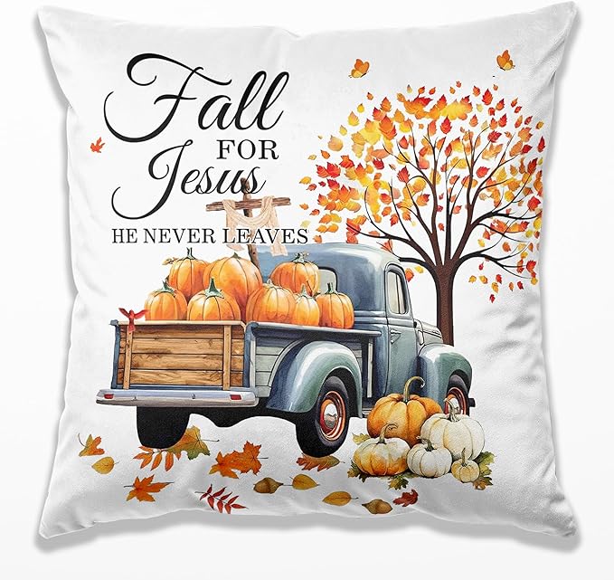Christian Fall for Jesus He Never Leaves Pillow Covers 18x18, Farmhouse Autumn Decor, Fall Autumn Maple Leaf Pumpkin Pickup Truck Decorative Throw Pillow Covers for Home Bedroom Living Room