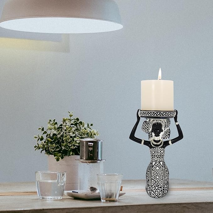 African Lady Figurine Candle Holder with African Tribal Totem for Wedding,Church,Holiday Decor-African Decorative Women Statues, Candlestick Holder for Home and Table Decor(753-B)