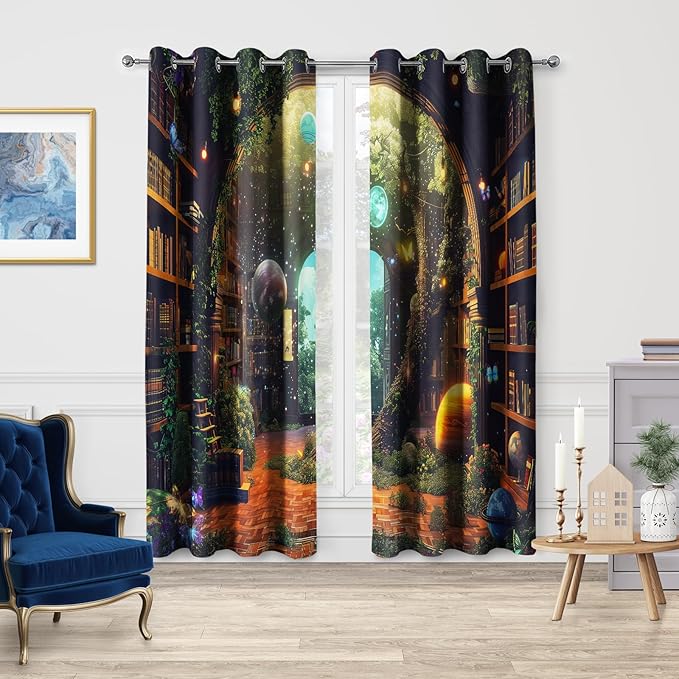 Jekeno Vintage Bookshelf Blackout Curtains Books Bookcase Mysterious Tree Flowers Planet Starry Sky Decor for Bedroom Study Classroom Living Room Darkening Grommet Window Drapes 2 Panel Set, 52"x63"