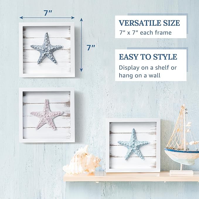 TideAndTales 3D Starfish Wall Art (Framed Set of 3) Coastal Theme Wall Hanging Decoration for Bathroom or Tropical Bedroom, Ocean Inspired Seashell Decor for Home or Beach House (7"x 7")