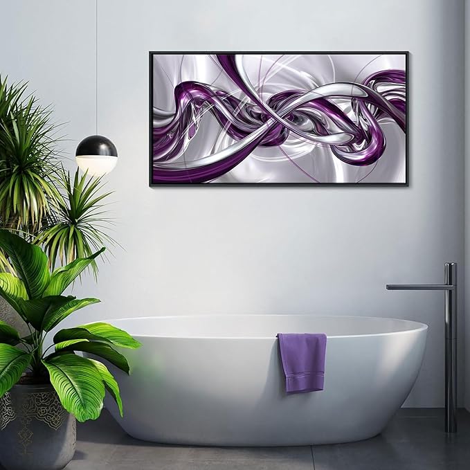 Pogusmavi Purple Wall Art - 3D Framed Canvas Abstract Art for Living Room, Modern Silver Wall Decor, Office Artwork, Bedroom Pictures, Contemporary Prints, Paintings for Wall Decorations 24×48IN
