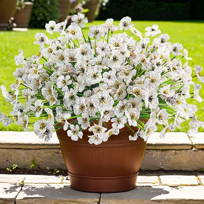 Krissing 48 Bundles Outdoor Artificial Flowers UV Resistant Fake Silk Flowers Faux Plastic Plants Outside Garden Porch Window Box Summer Decoration (White)