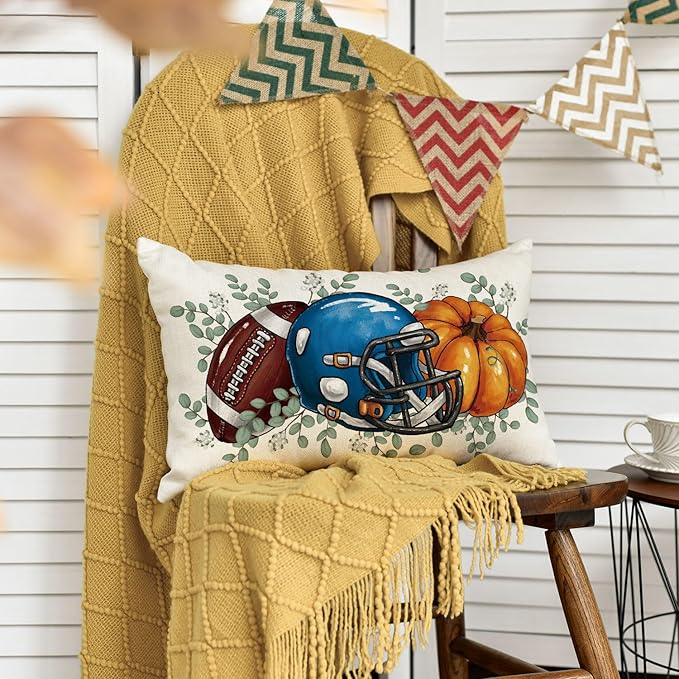 AVOIN colorlife Fall Football Pumpkin Throw Pillow Cover 12x20 Inch, Seasonal Autumn Eucalyptus Leaves Thanksgiving Harvest Blue Cushion Case Decoration for Sofa Couch