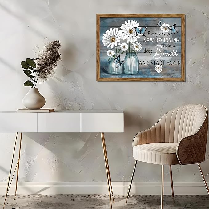 Wood Framed Daisy Butterfly Wall Art, Blue Rustic Farmhouse Canvas Wall Decor Paintings, Inspirational Flower Still Life Posters Prints Pictures for Kitchen Bathroom Home Decor 16x24 Inch