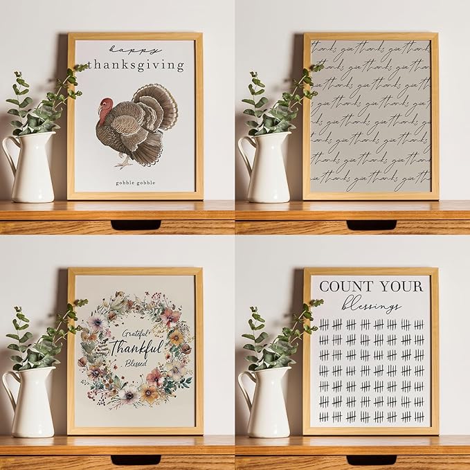 JXREQ Thankful Grateful Blessed Wall Decor Posters, Turkey Decorations for Thanksgiving Kitchen Bedroom Living Room Unframed, Count Your Blessings Wall Art Prints, 8x10 Inch 4Pcs