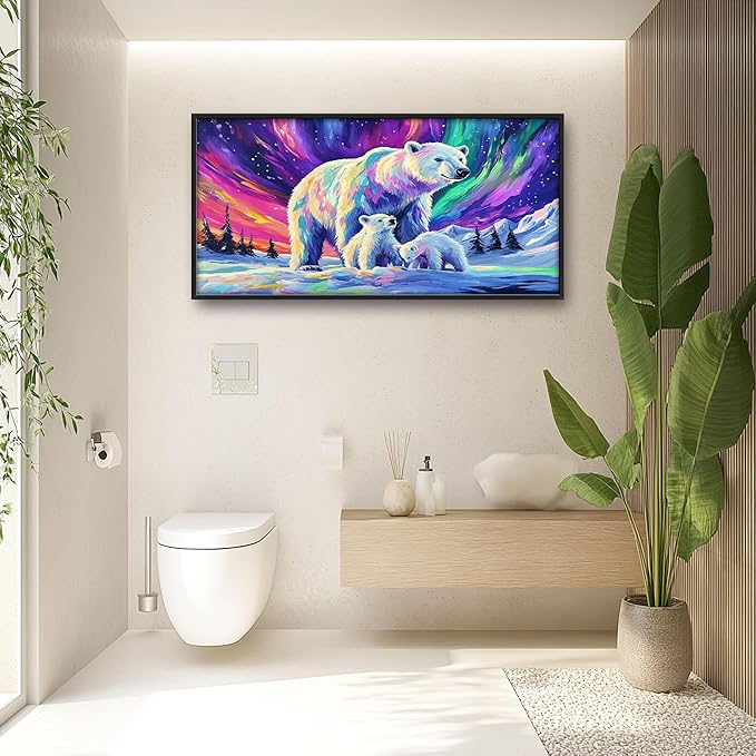 Polar Bear Large Wall Art for Living Room Framed, White Bear Wall Decor Pictures, Aurora Canvas Print Painting, Aesthetic Artwork Bedroom Office Home Decor 60"x30"