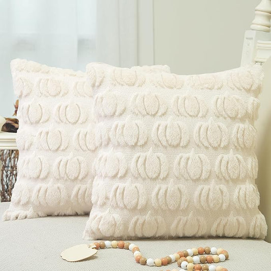 GEEORY Beige Fall Pumpkin Throw Pillow Covers, 24x24 Inch (Set of 2), Soft Faux Fur Wool, Farmhouse Style for Autumn Home Sofa Decor GC002-24