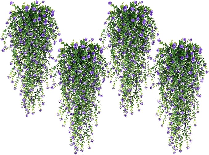 SJL Hanging Greenery 4pcs Realistic Artificial Plants Indoor Artificial Hanging Plants Outdoor Fake Eucalyptus Faux Ivy Plastic Flowers Leaves Decor for Bedroom Porch Wall (Purple)