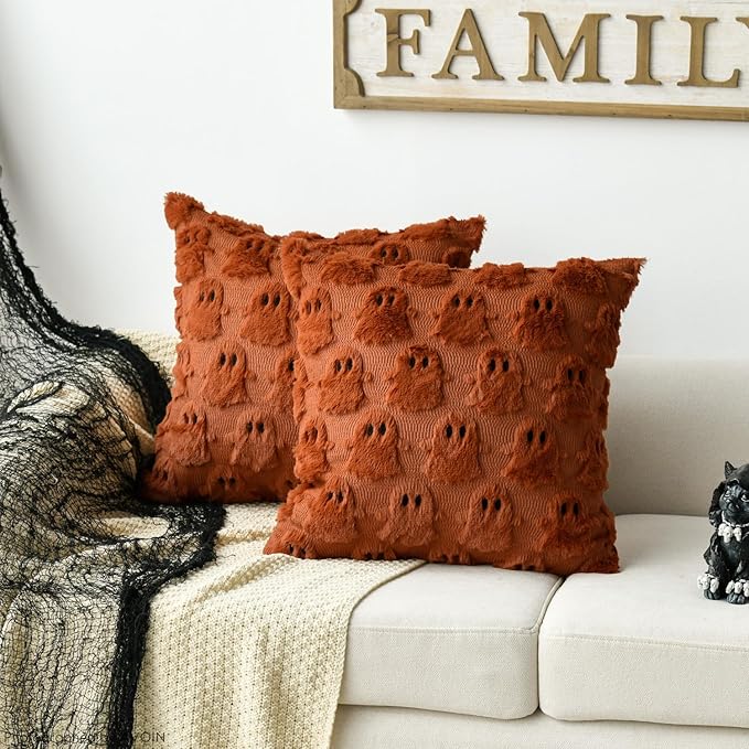 AVOIN colorlife Halloween Ghost Caramel Throw Pillow Cover Set of 2, 18 x 18 Inch Soft Plush Faux Fur Jacquard Spooky Cushion Case Decoration for Sofa Couch