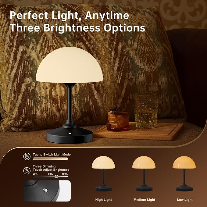 Mushroom Lamp Table Lamp Waterproof,Desk Cordless Battery Operated Lamps for Bedroom,Outdoor Cordless Rechargeable Table Lamps for Night Stands,5000mAh LED Night Light for Living Room(Black)