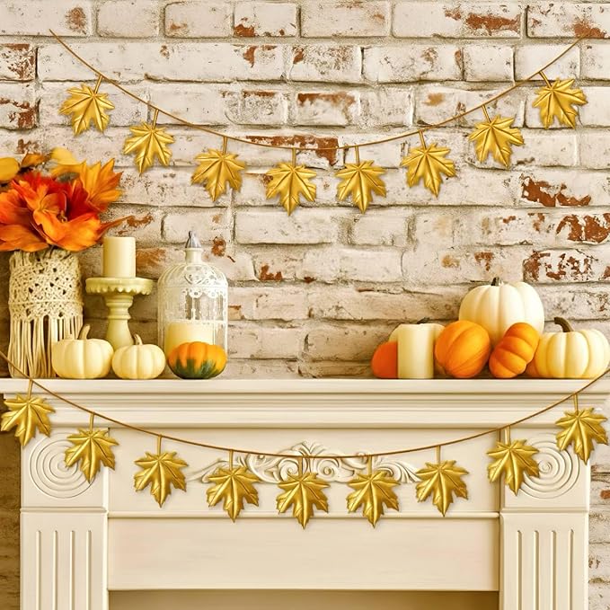 Shimeyao Fall Garland Maple Leaf Garland Decor 6 FT Brass Fall Decorations for Mantle Front Door Artificial Maple Leaf Banner Hanging Decor Cold Autumn Weather Outside Indoor Decorations