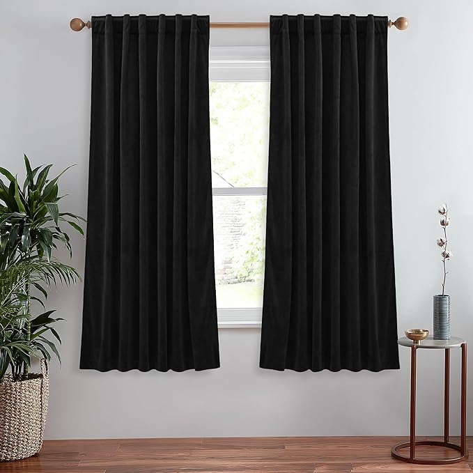 StangH Black Velvet Curtains 63 inches Long Blackout Curtains Privacy Assured Heat & Cold Blocking for Bedroom, Soft Back Tab Drapes Luxury Decor for Small Window/Kitchen, W52 x L63, 2 Panels