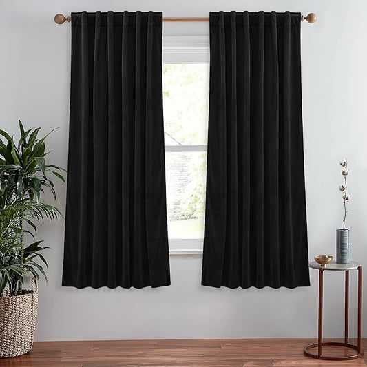 StangH Black Velvet Curtains 63 inches Long Blackout Curtains Privacy Assured Heat & Cold Blocking for Bedroom, Soft Back Tab Drapes Luxury Decor for Small Window/Kitchen, W52 x L63, 2 Panels