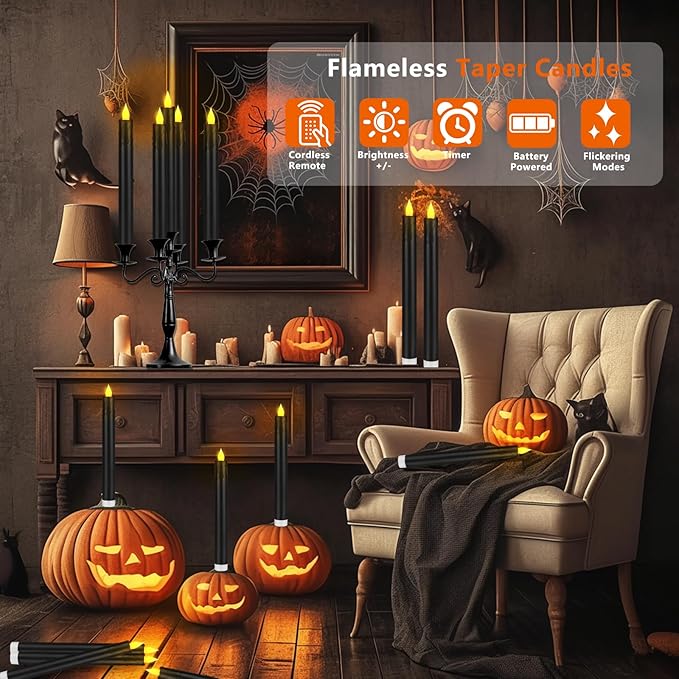Flameless Taper Candles 10.6" Dripless Battery Operated Taper Candles Included Remote Timer 400+ Hours by 2AA Batteries for Halloween Christmas Wedding (Black, 6 Pack)