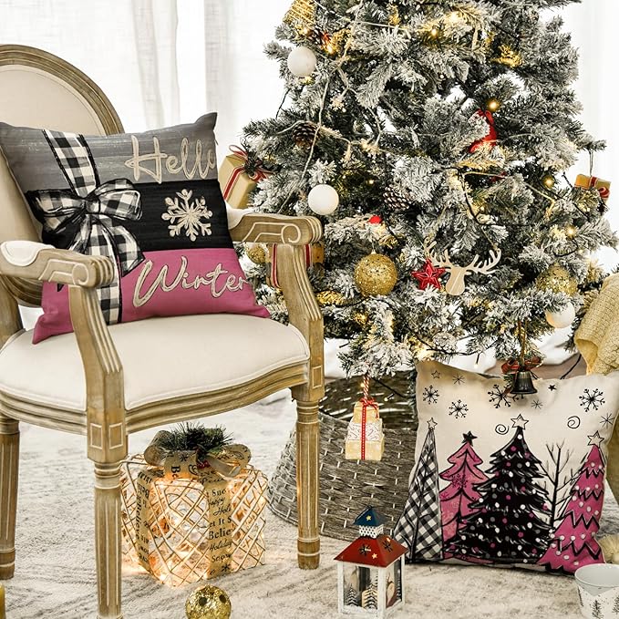 AVOIN colorlife Merry Christmas Joy Xmas Trees Pink Throw Pillow Covers, 18 x 18 Inch Christmas Winter Holiday Cushion Case Decoration for Sofa Couch Set of 4